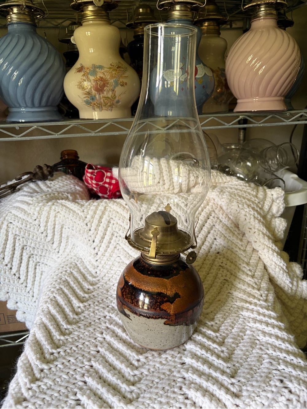 Rustic Brown Ceramic Oil Lamp with Clear Chimney